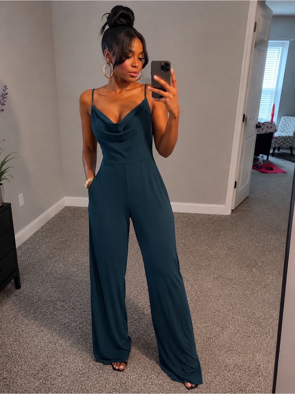 Derek Heart Teal Cowl Neck Wide-Leg Jumpsuit